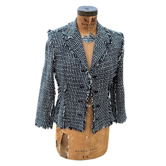 Vintage Bill Blass Jacket Women Fringe Black White Tweed Silk Cropped Sz 6 90's - Picture 3 of 17